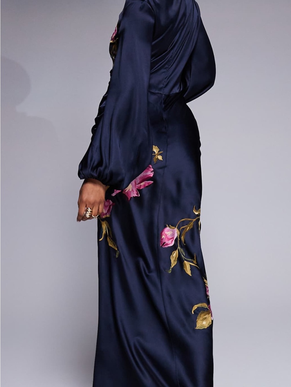 ASOS Navy Satin Long Sleeve Floral Embroidered Gown - Picture 2 of 7
